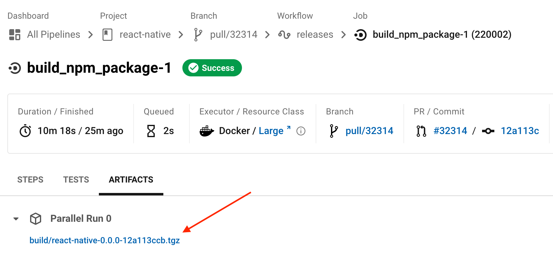 Screenshot of CircleCI artifact panel to find tarball